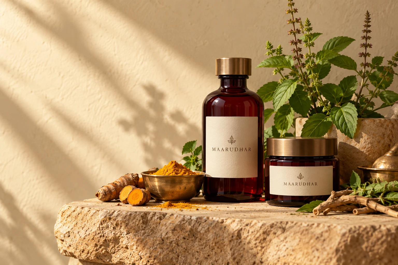 Maarudhar botanical products with fresh herbs and traditional brass bowls in warm sunlight